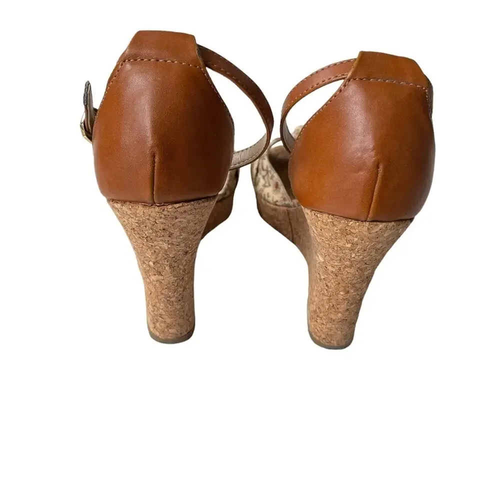 Unisa Wedge Floral Cork Peep Toe Neutral Tan 7 GUC